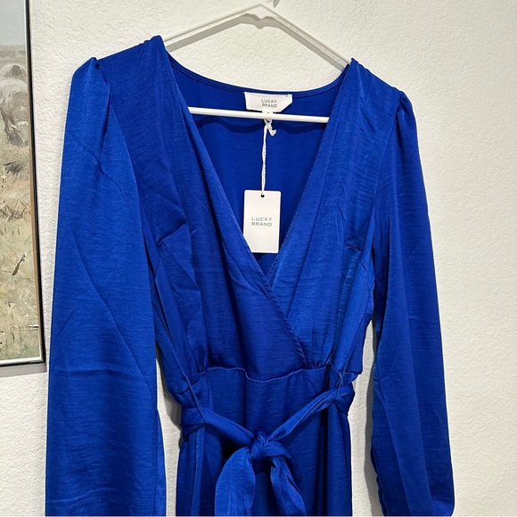 Lucky Brand Women’s Royal Blue V-Neck Long Sleeve Boho Silky Peasant Dress - Picture 6 of 10